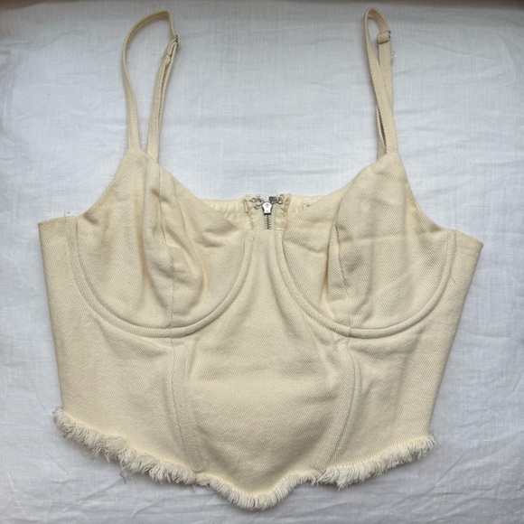 Peppermayo Tops - Cream Denim Cropped Bustier Tank with Frayed Hem